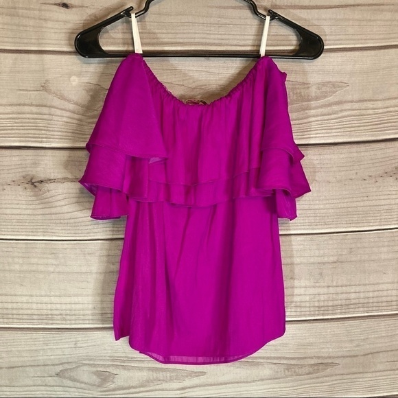 Lilly Pulitzer Haylee of the Shoulder Satin Ruffle Top in Wine Spritzer - Picture 6 of 9